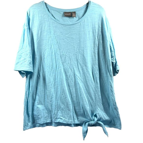 Chicos Women's Top Size Large Solid Blue Slubbed Cotton Short Sleeve Knot Front - Picture 1 of 8